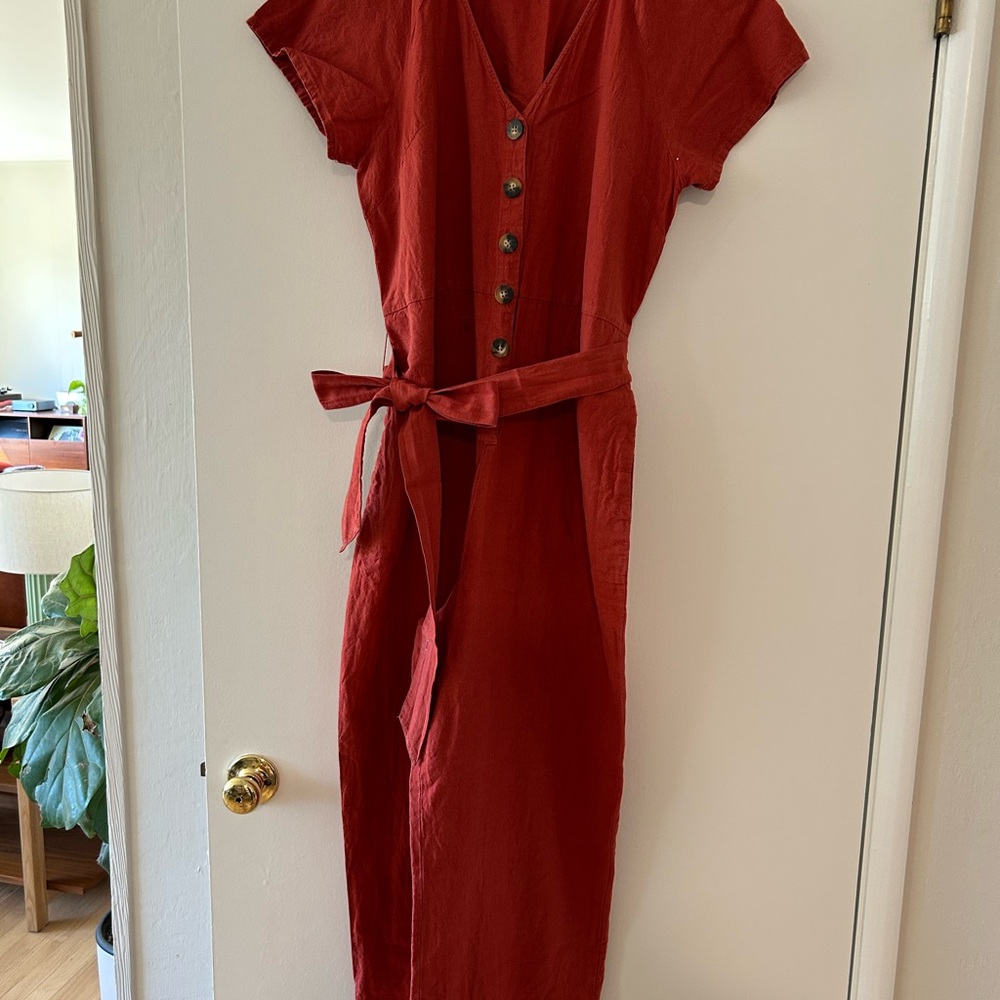 Madewell Rust Red Button-Front jumpsuit with cap sleeves